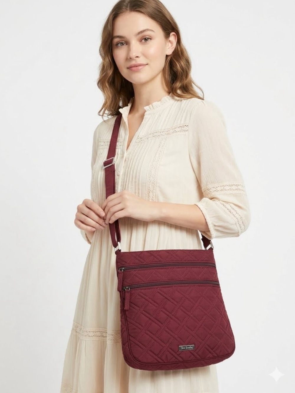 Vera Bradley Burgundy Cotton Quilted Trio Zip Hipster Crossbody Bag cozy autumn